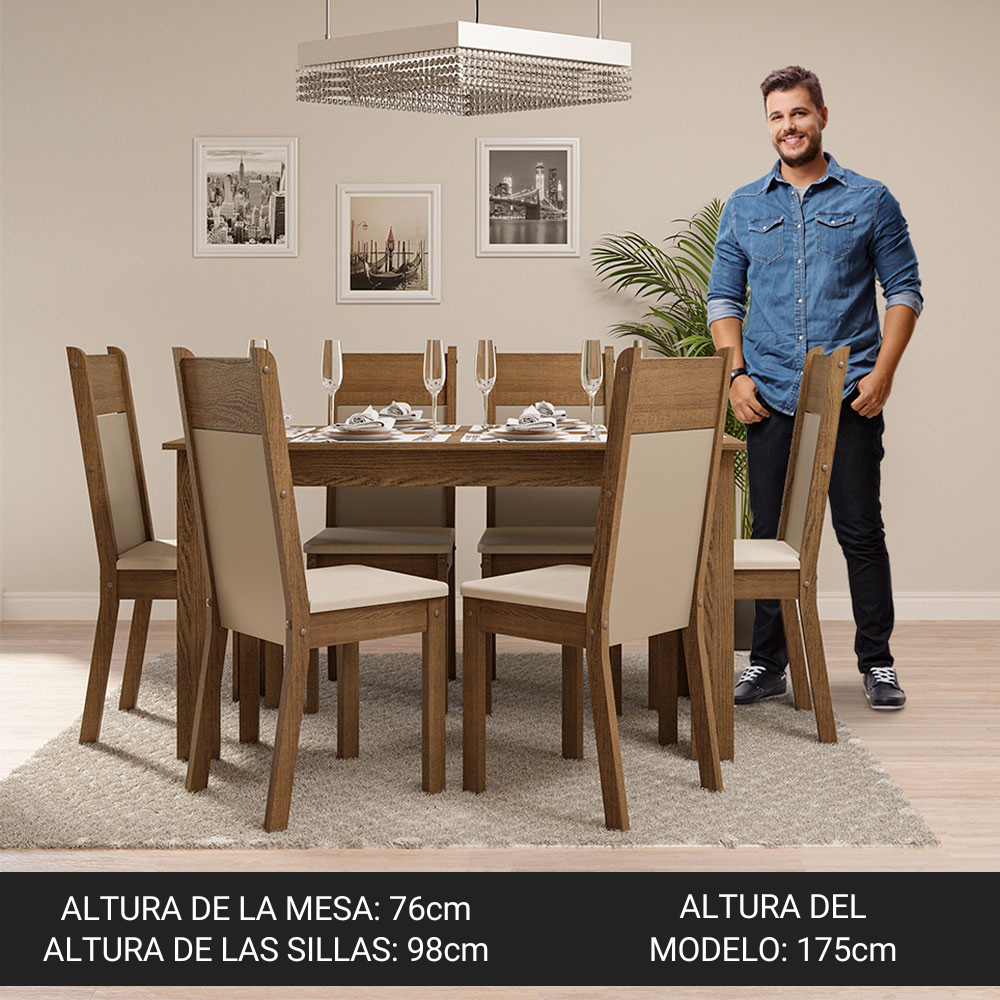 JUEGO DE COMEDOR MADESA JAÍNE CON 6 SILLAS - MARRÓN/BEIGE - 3