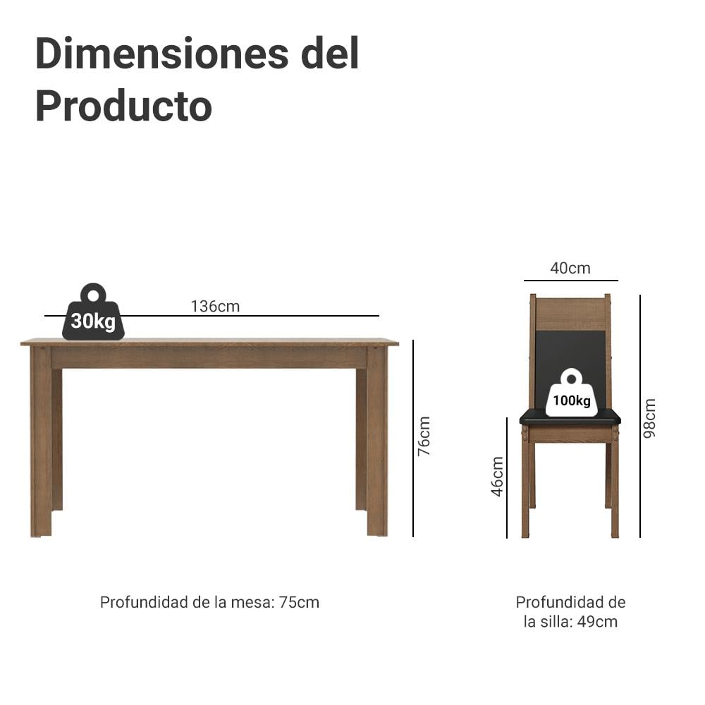 JUEGO DE COMEDOR MADESA ELLEN CON 4 SILLAS - MARRÓN/NEGRO - 3