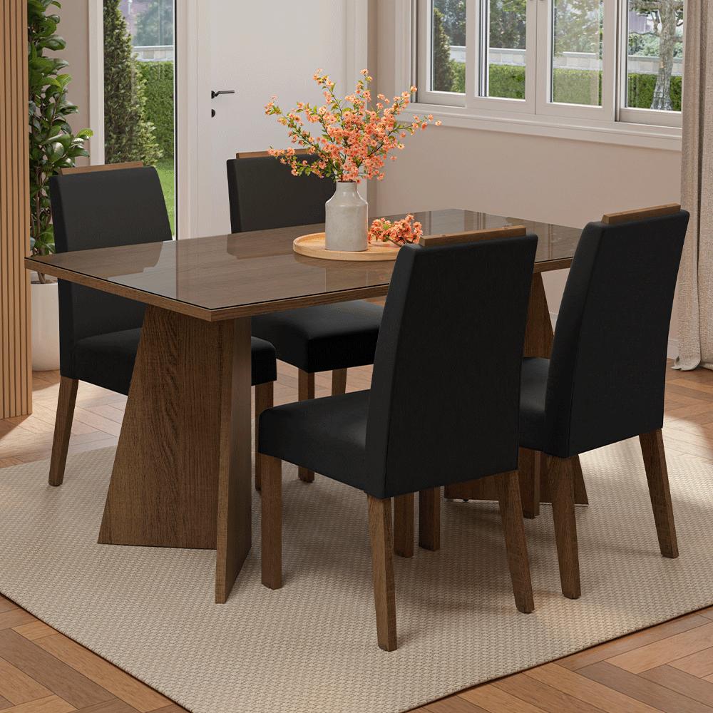JUEGO DE COMEDOR BRAGA CON 4 SILLAS - TABLERO DE MADERA Y CRISTAL - MARRÓN/OXFORD - 1