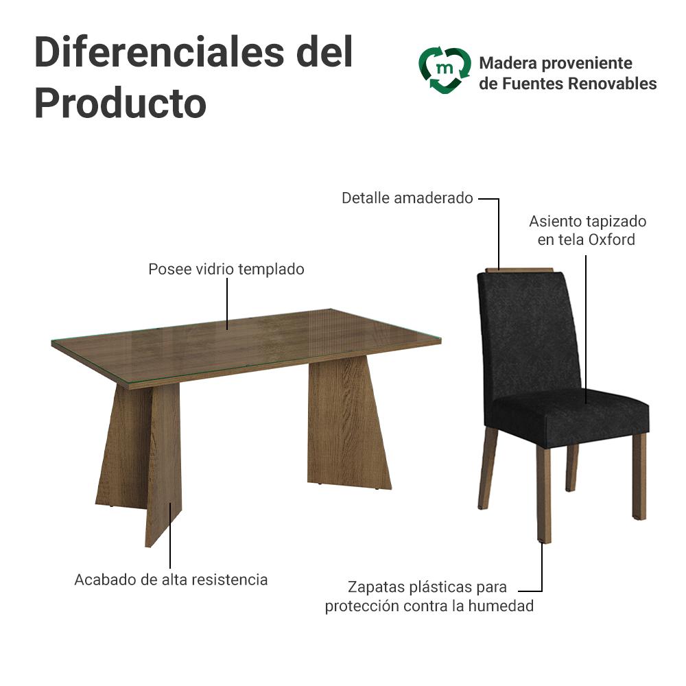 JUEGO DE COMEDOR BRAGA CON 4 SILLAS - TABLERO DE MADERA Y CRISTAL - MARRÓN/OXFORD - 4