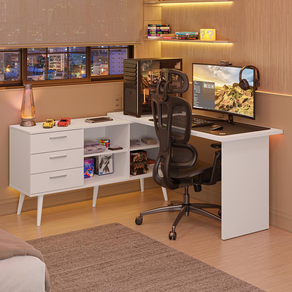 ESCRITORIO GAMER DE ESQUINA LISBOA CON 3 CAJONES PATAS Y NICHOS - BLANCO - 1