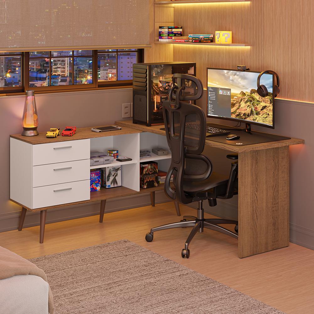 ESCRITORIO GAMER DE ESQUINA LISBOA CON 3 CAJONES PATAS Y NICHOS - BLANCO/MARRÓN - 1