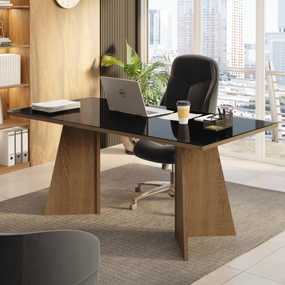 ESCRITORIO EJECUTIVO DE OFICINA MADESA CON SUPERFICIE DE MADERA Y CRISTAL 180 CM - MARRÓN/NEGRO - 1