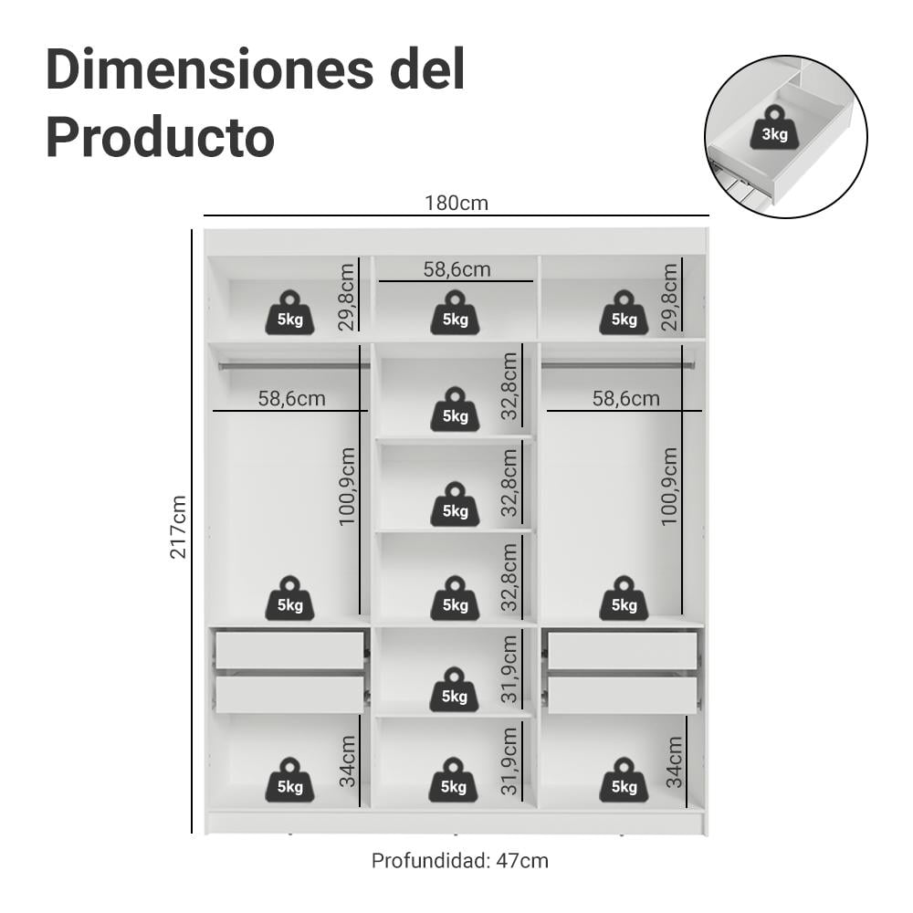 ROPERO VENUS 6 PUERTAS 4 CAJONES 2 ESPEJOS - 2