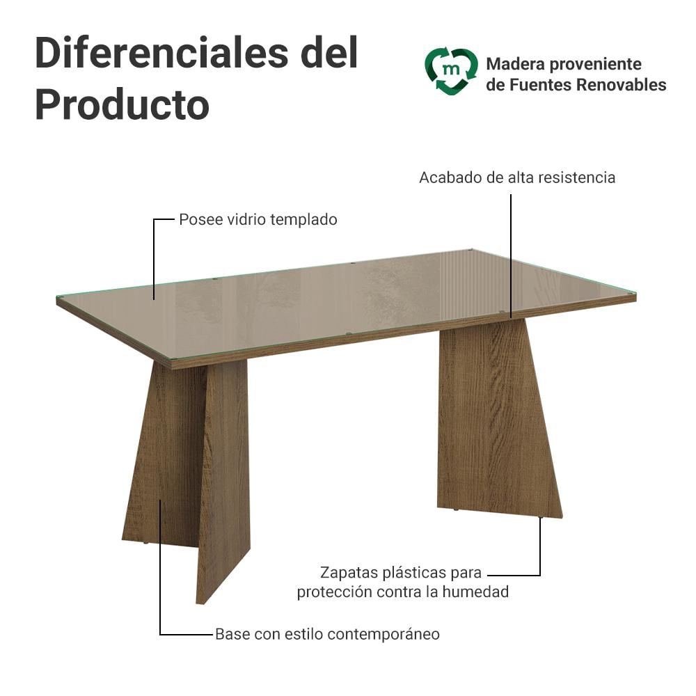 MESA DE COMEDOR RECTANGULAR 6 PUESTOS - MADERA Y CRISTAL - 3