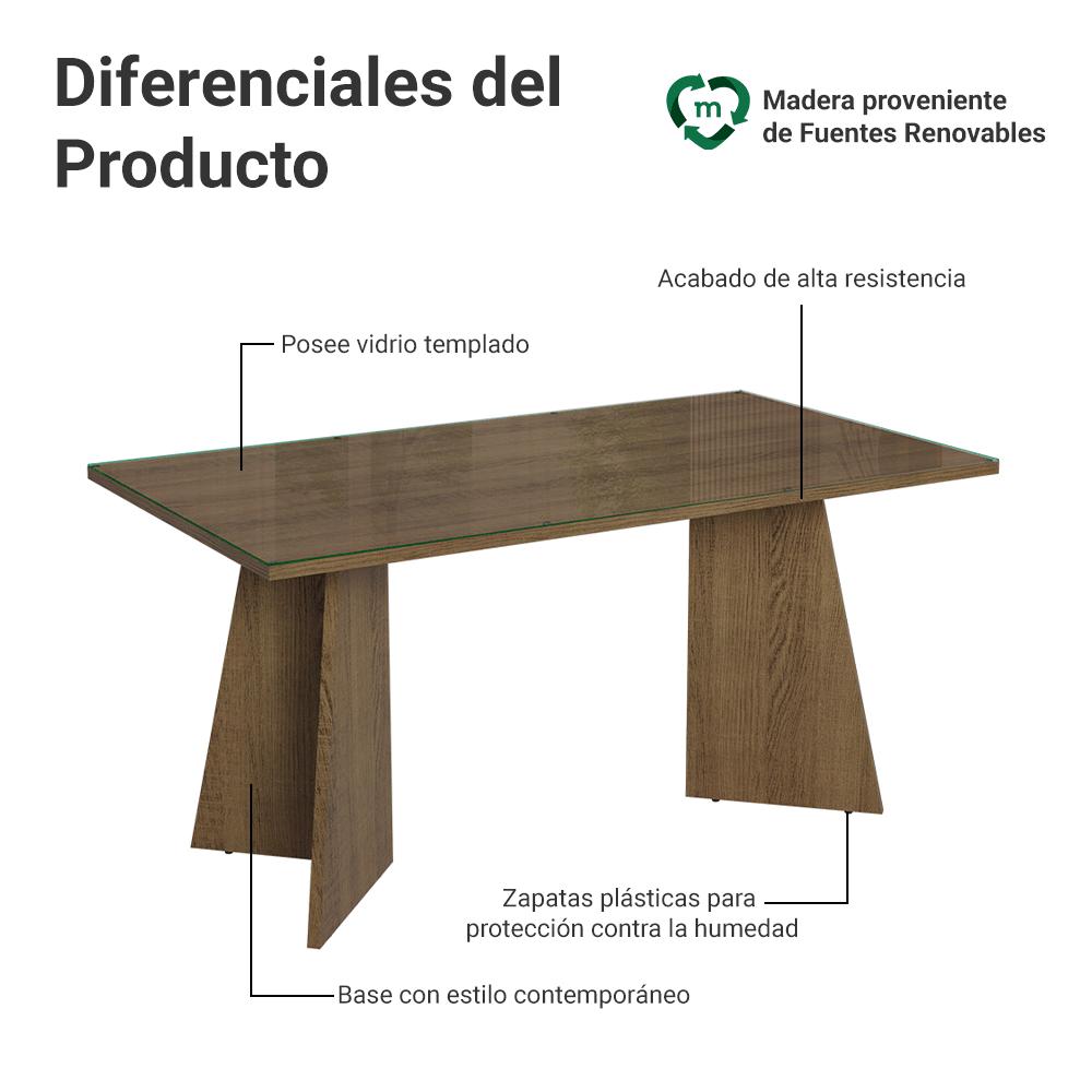 MESA DE COMEDOR RECTANGULAR 6 PUESTOS - MADERA Y CRISTAL - 3