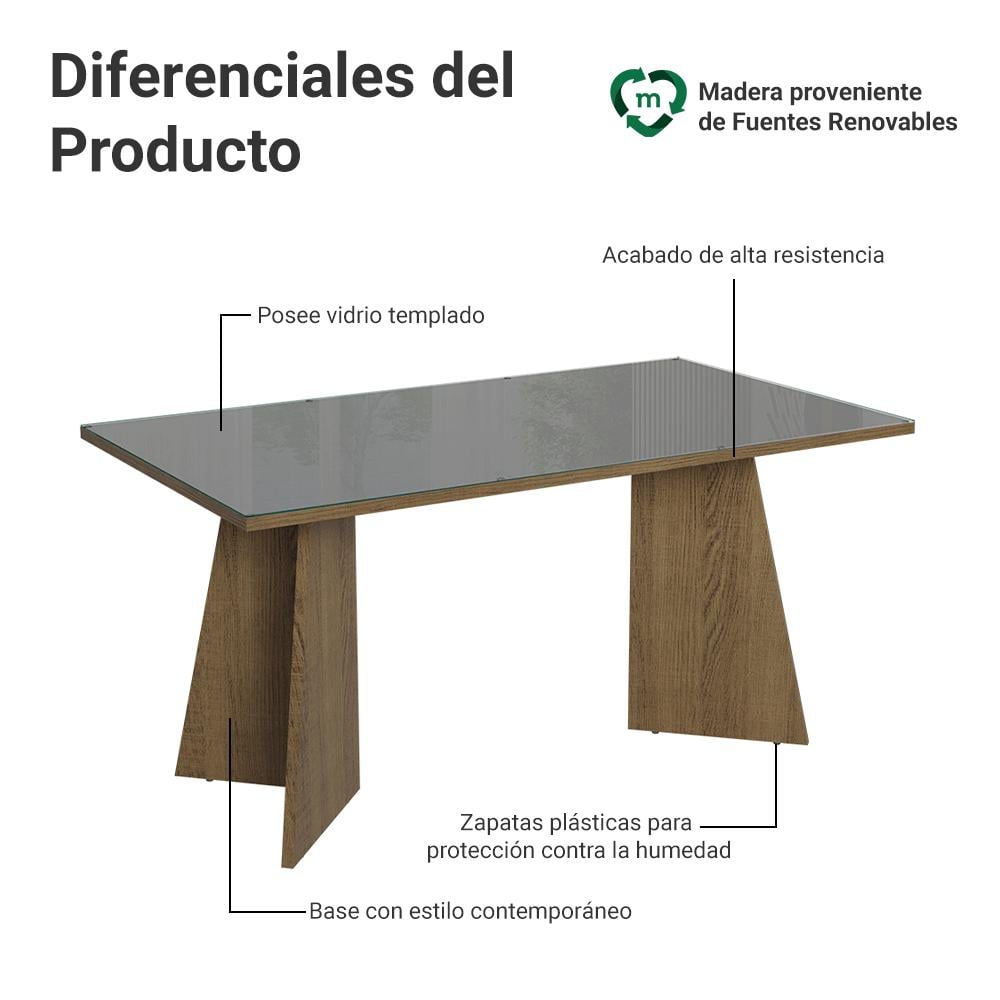 MESA DE COMEDOR RECTANGULAR 6 PUESTOS - MADERA Y CRISTAL - 3
