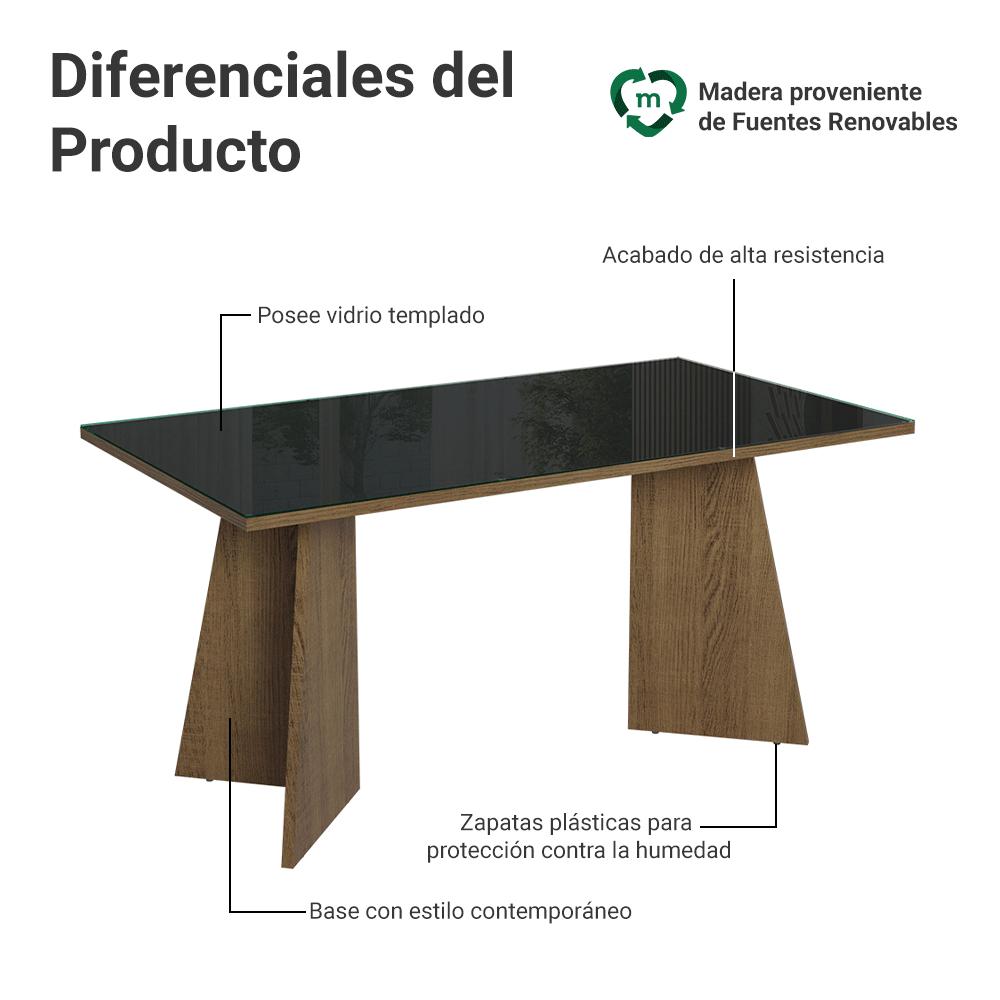 MESA DE COMEDOR RECTANGULAR 6 PUESTOS - MADERA Y CRISTAL - 3