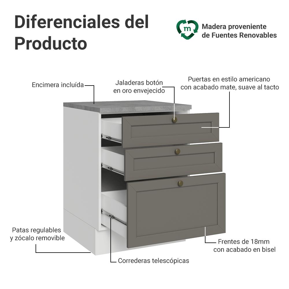 MUEBLE DE COCINA VIK 60 CM 3 CAJONES - 3