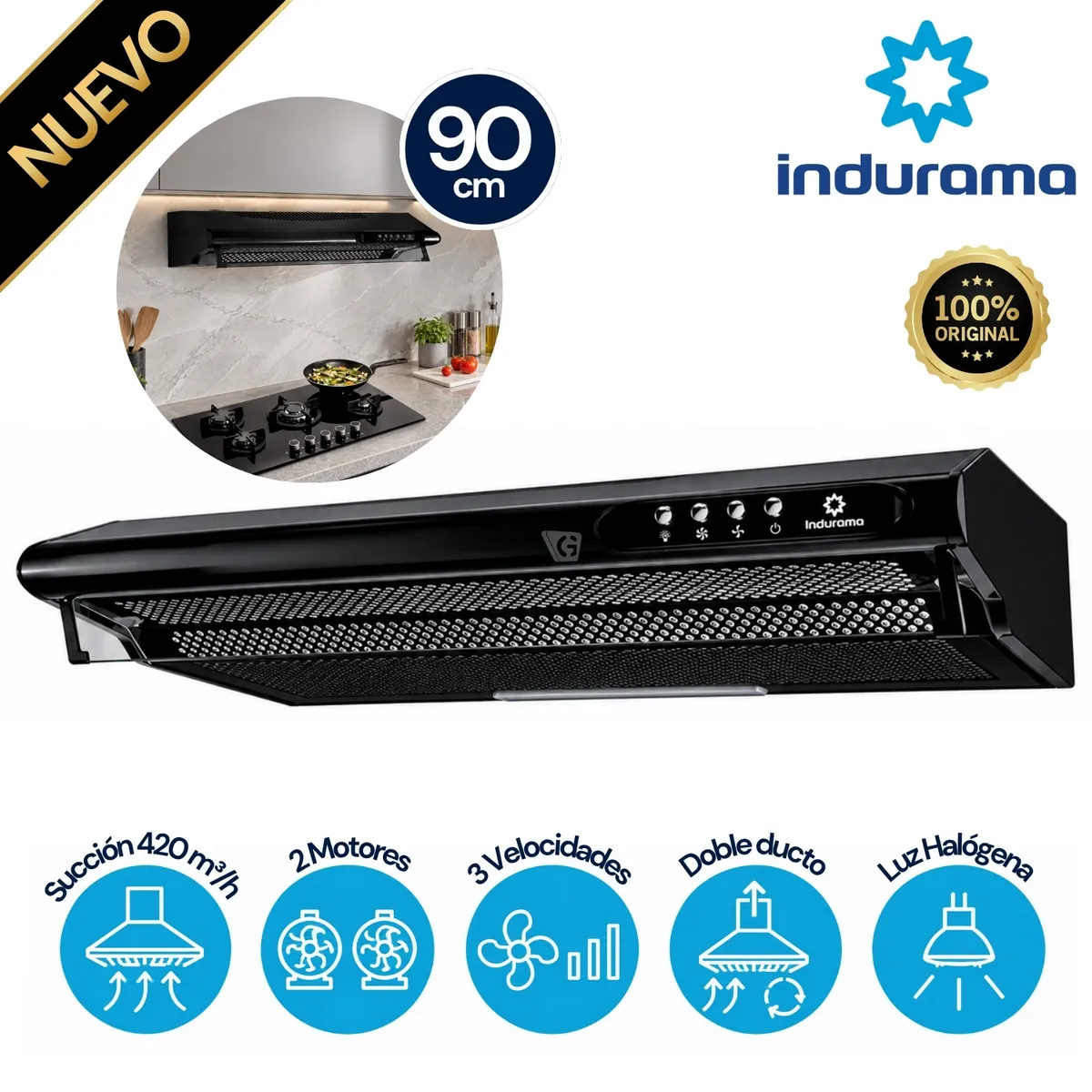 CAMPANA INDURAMA 90 CM EXTRACTORA 3 VELOCIDADES CEI-902NE NEGRO - 1