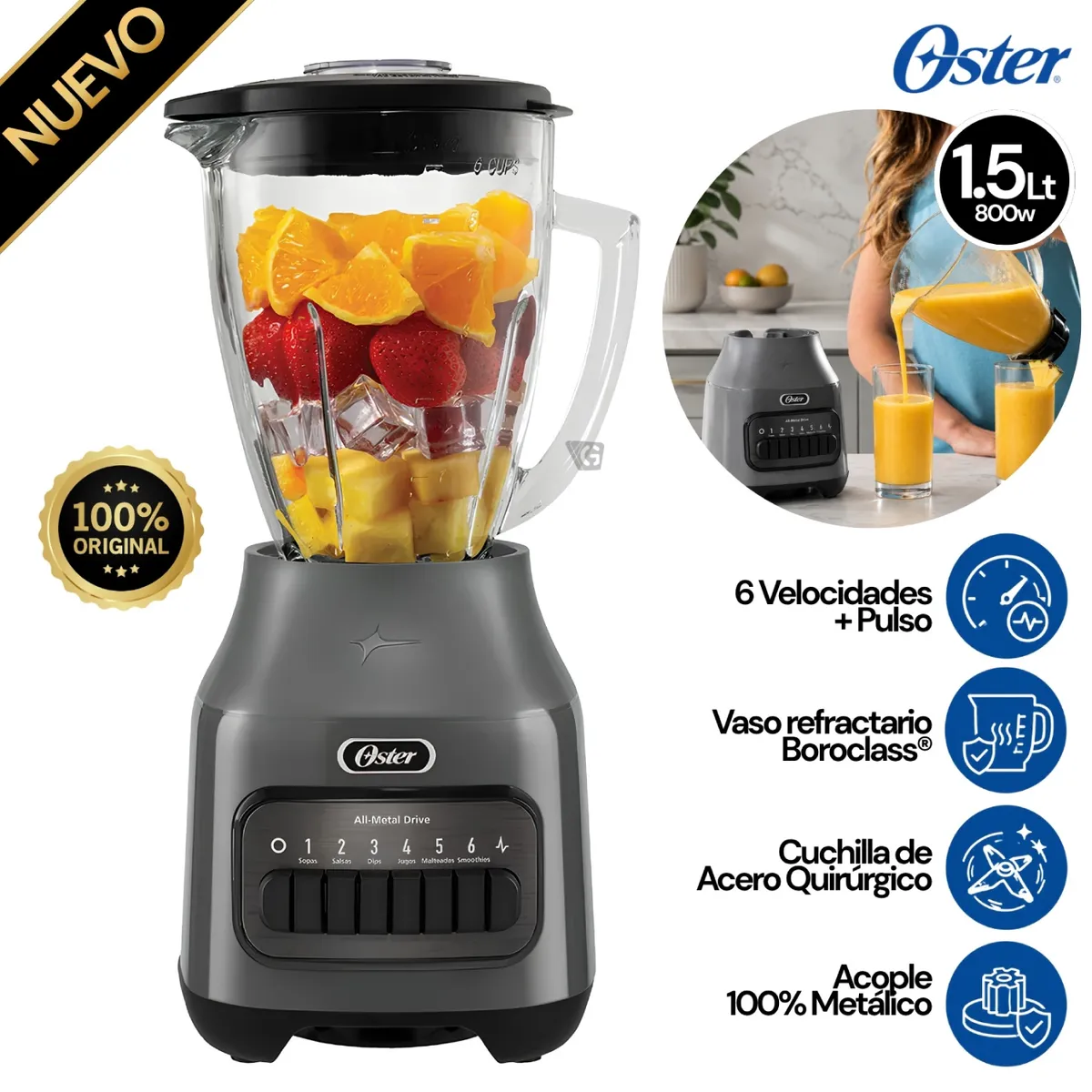 LICUADORA 1.5L 6 VELOCIDADES OSTER BLSTPEG-GPB GRIS 800W - 1