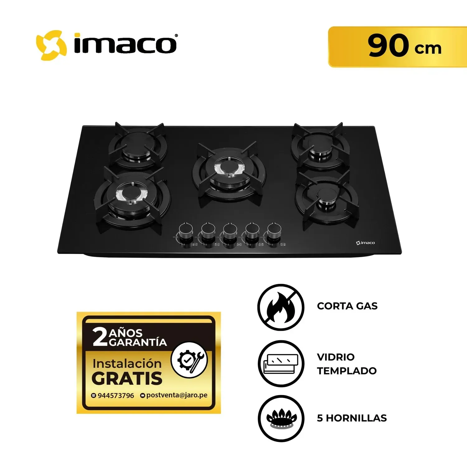 ENCIMERA A GAS IMACO IENC90 – 5 QUEMADORES - 90 CM - VIDRIO TEMPLADO NEGRO - 1