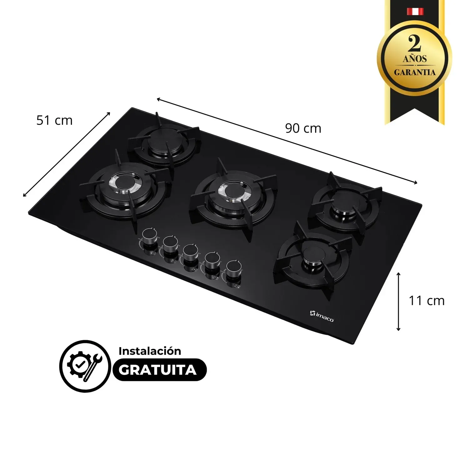 ENCIMERA A GAS IMACO IENC90 – 5 QUEMADORES - 90 CM - VIDRIO TEMPLADO NEGRO - 2
