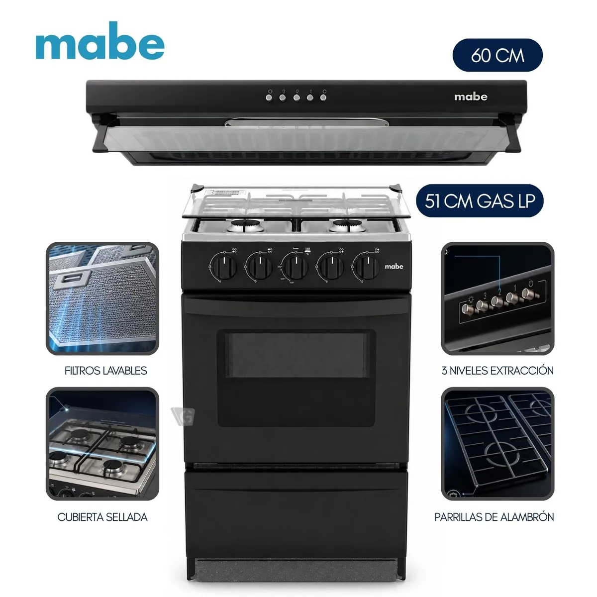 COCINA DE PISO A GAS 51 CM NEGRO MABE EMP2000AN0 + CAMPANA CMU6020PB0 60 CM - 1