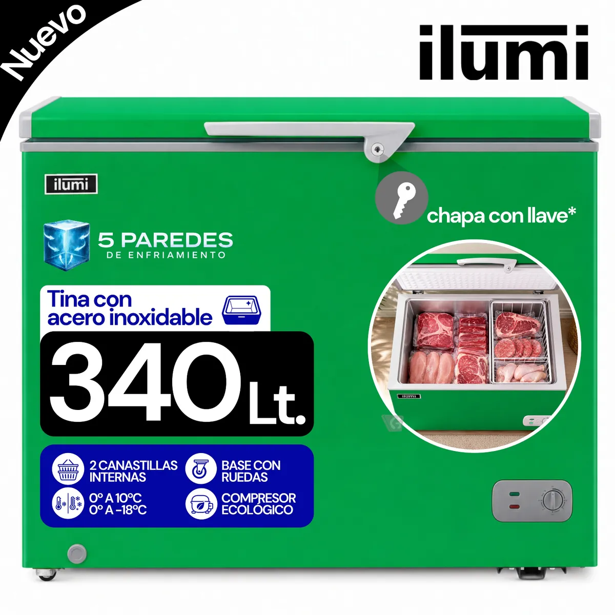 CONGELADOR ILUMI CON TINA DE ACERO INOXIDABLE DE 340 LITROS TFI-3400GR VERDE - 1