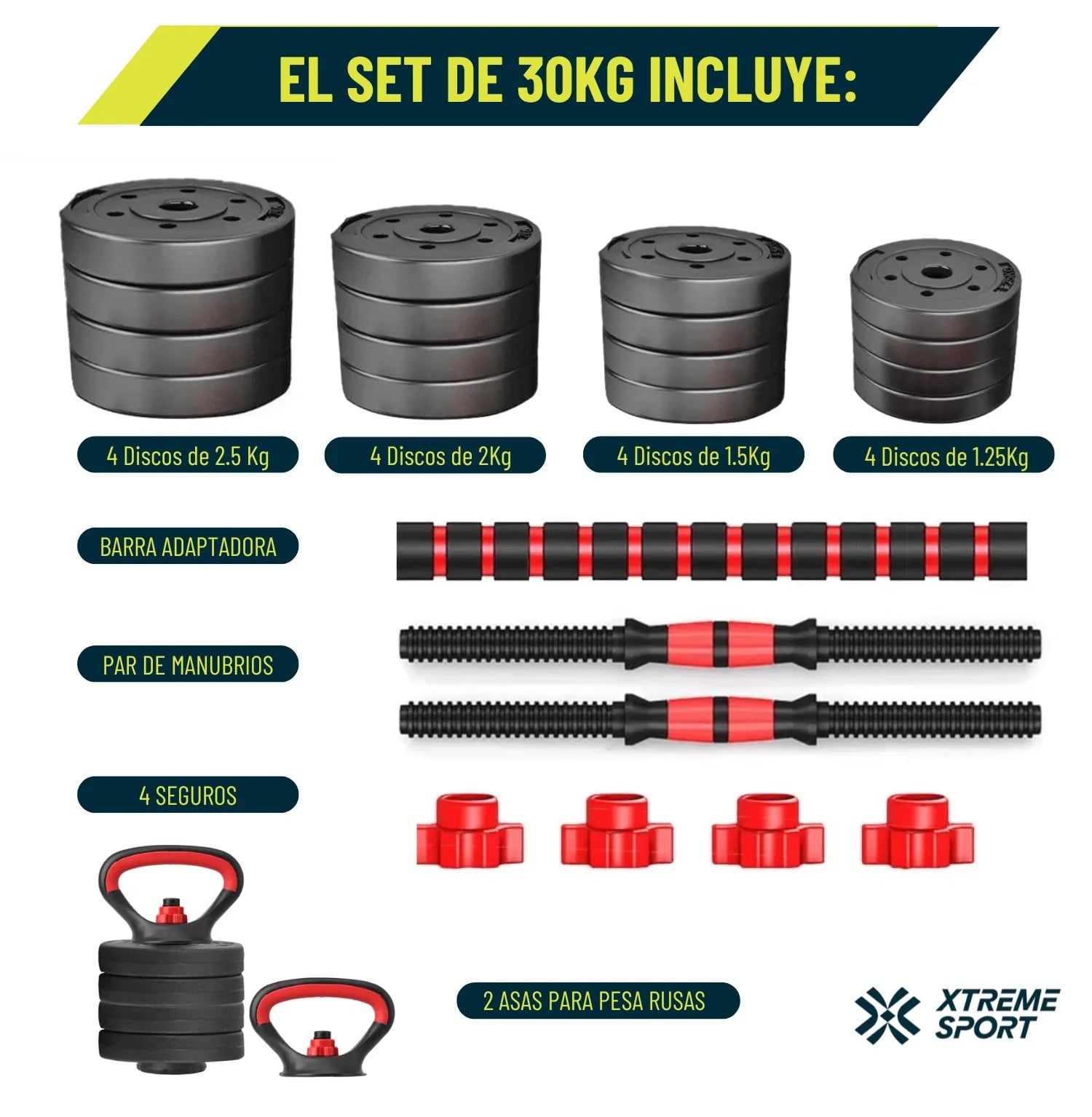 MANCUERNAS SET DE 30 KG CONVERTIBLES + BARRA + ASAS - 2