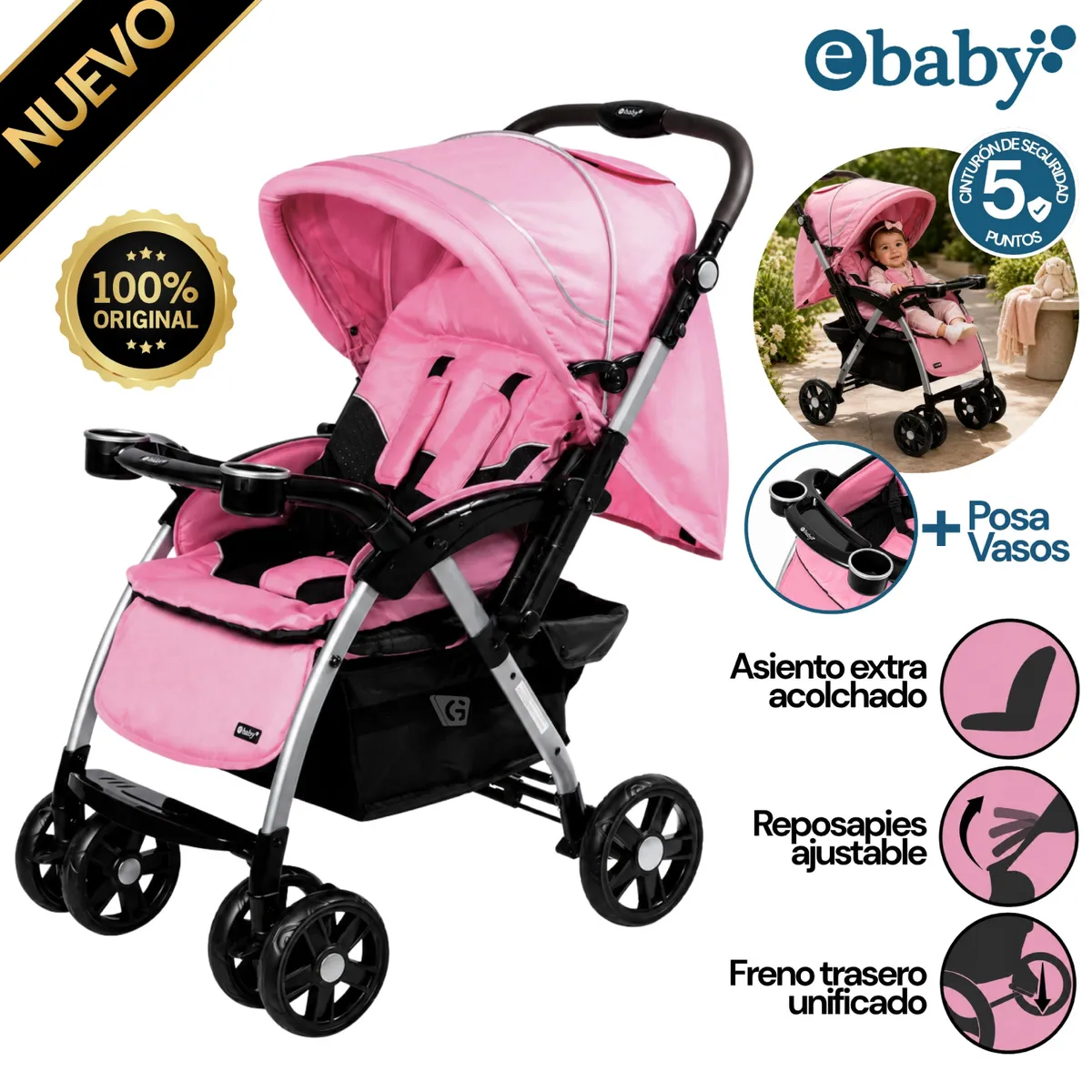 COCHE CUNA YODIE EBABY 1142-2 ROSADO - 1