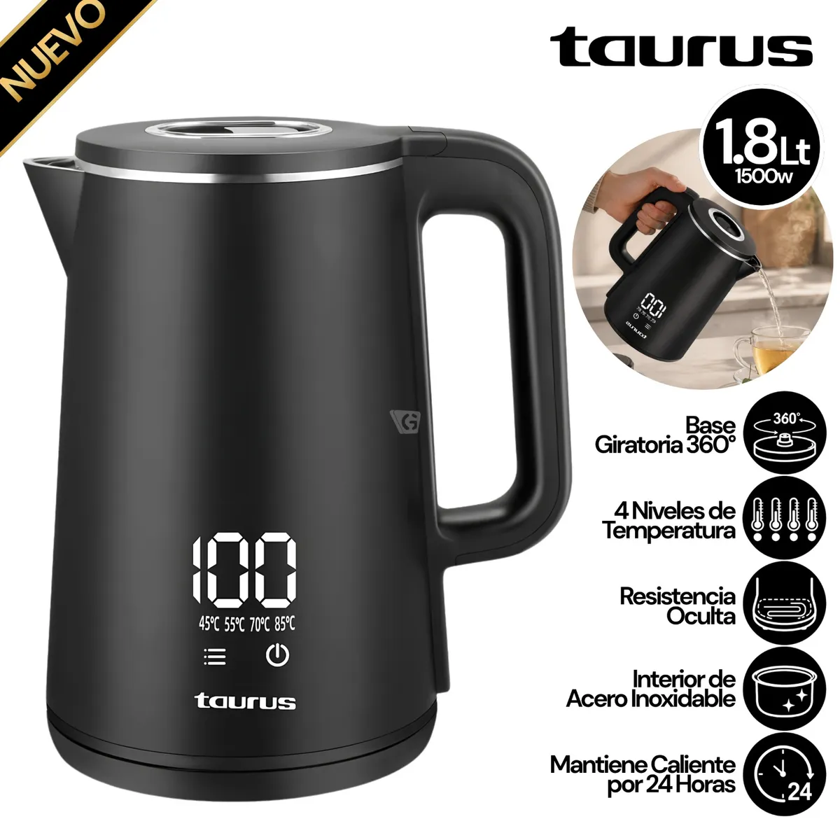 HERVIDOR ELECTRICO 1.8 LTS TAURUS MOD. DIGITAL BLACK - 1