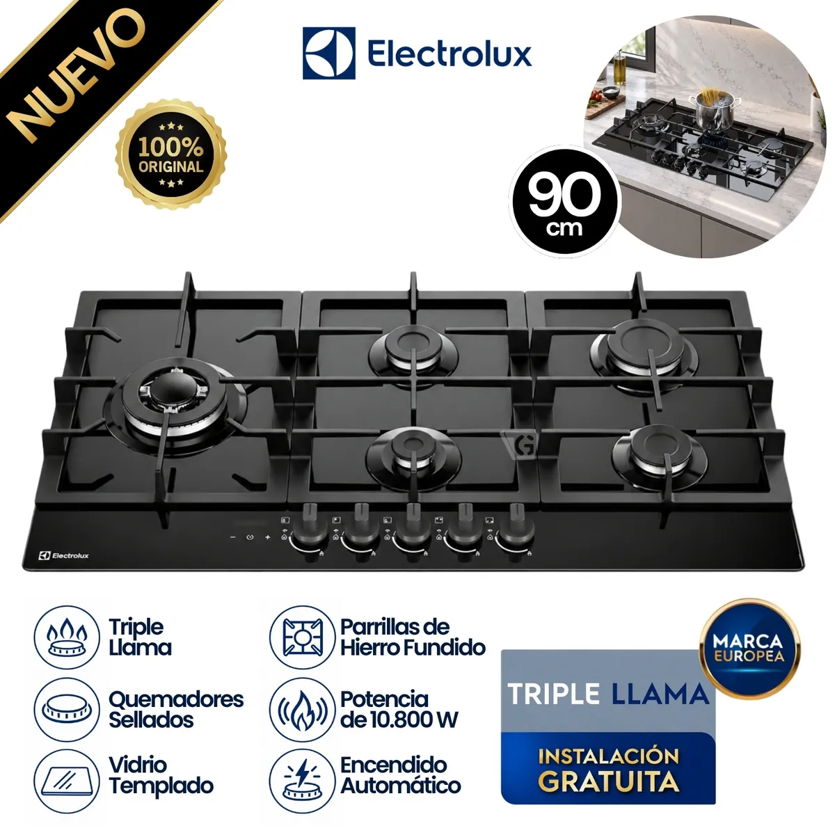 ENCIMERA A GAS 5 HORNILLAS 90CM MESA DE VIDRIO ELECTROLUX KE5DT - 1
