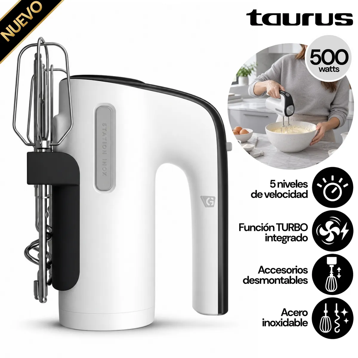 BATIDORA DE MANO TAURUS STATION INOX BLANCO - 1