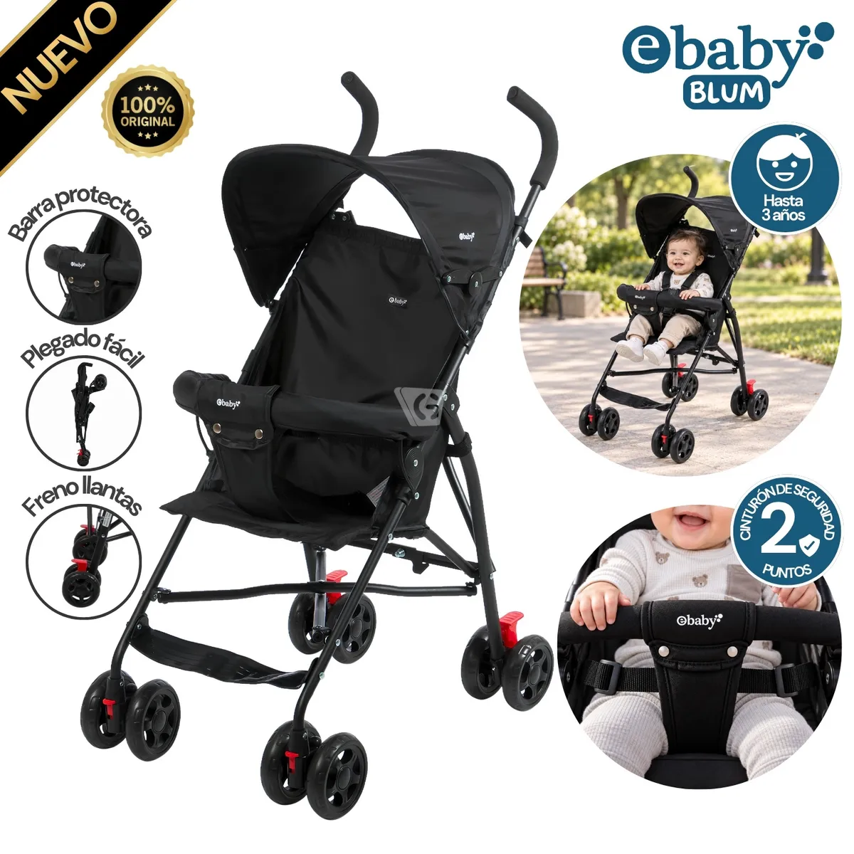 COCHE BASTÓN EBABY BLUM – EB2013 NEGRO - 1