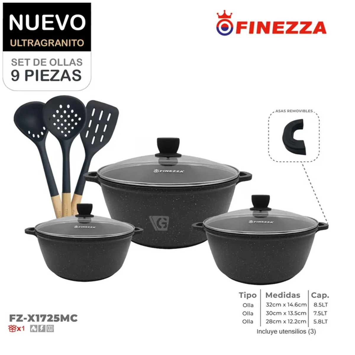 JUEGO DE OLLAS FINEZZA ULTRA GRANITO FZ-X1725MC DE 9 PZAS - 1