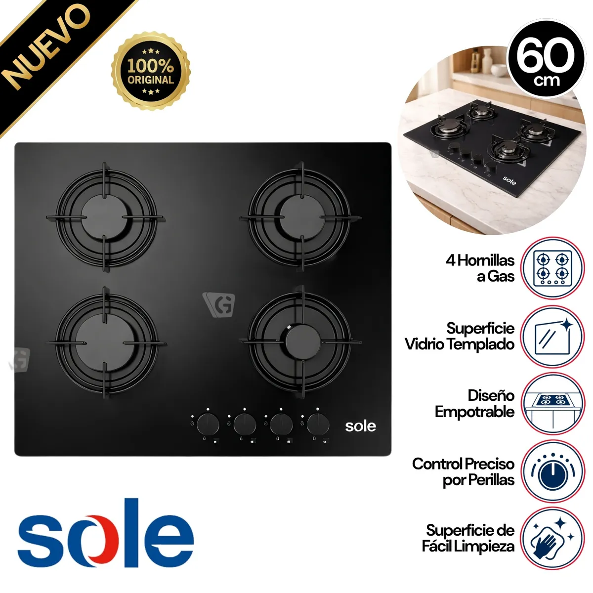 ENCIMERA VIDRIO TEMPLADO SOLE A GAS 60CM SOLCO049V2 - 1