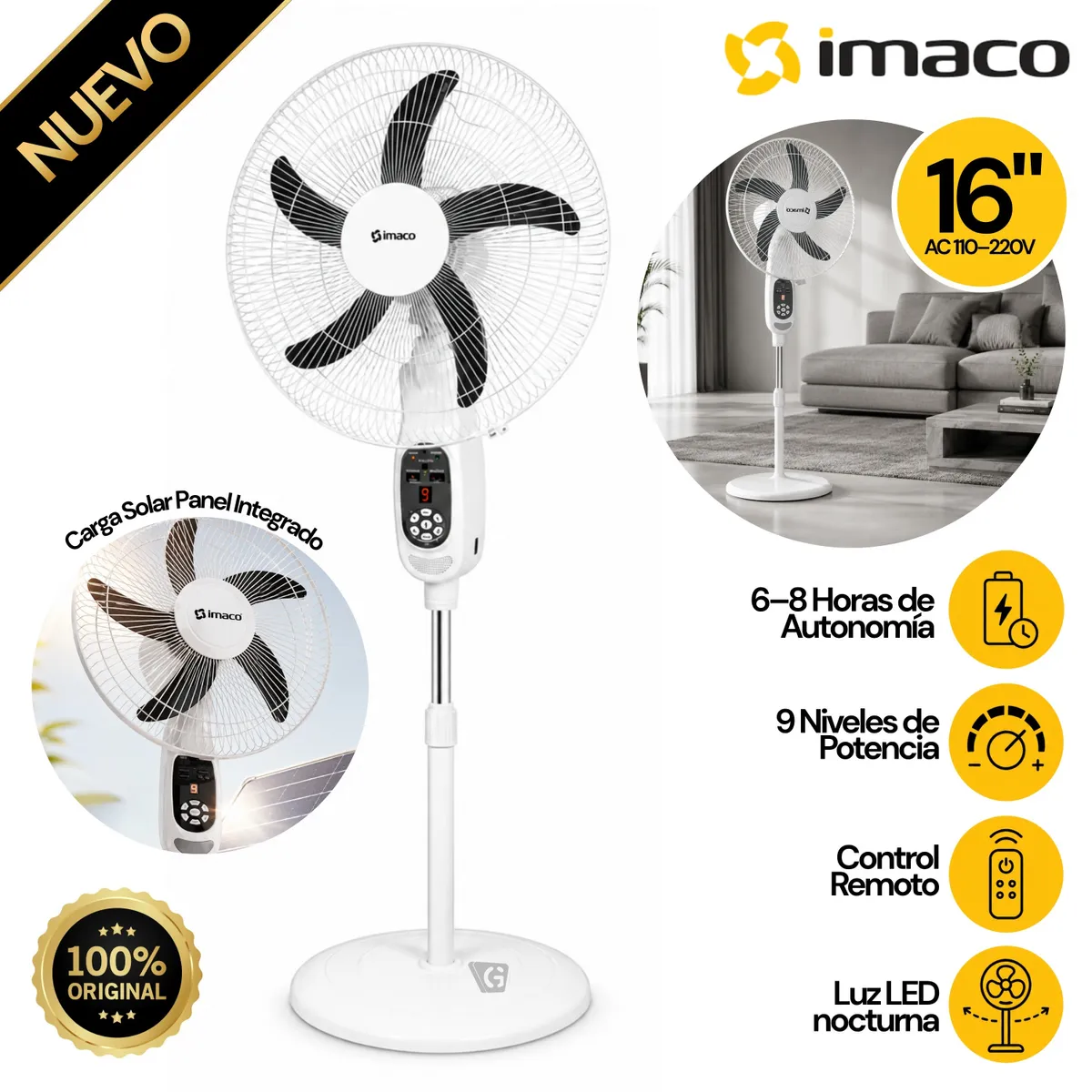 VENTILADOR 16 SOLAR RECARGABLE DE PEDESTAL FAN1618SOL IMACO - 1