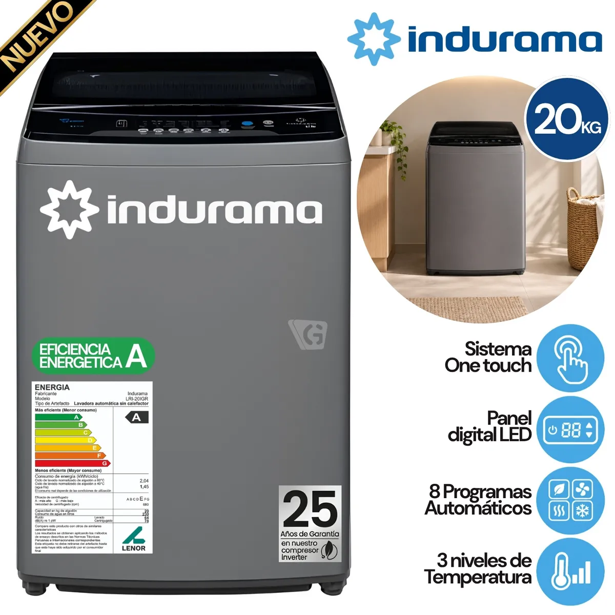 LAVADORA AUTOMÁTICA INVERTER 20 KG CARGA SUPERIOR GRIS INDURAMA LRI-20IGR - 1