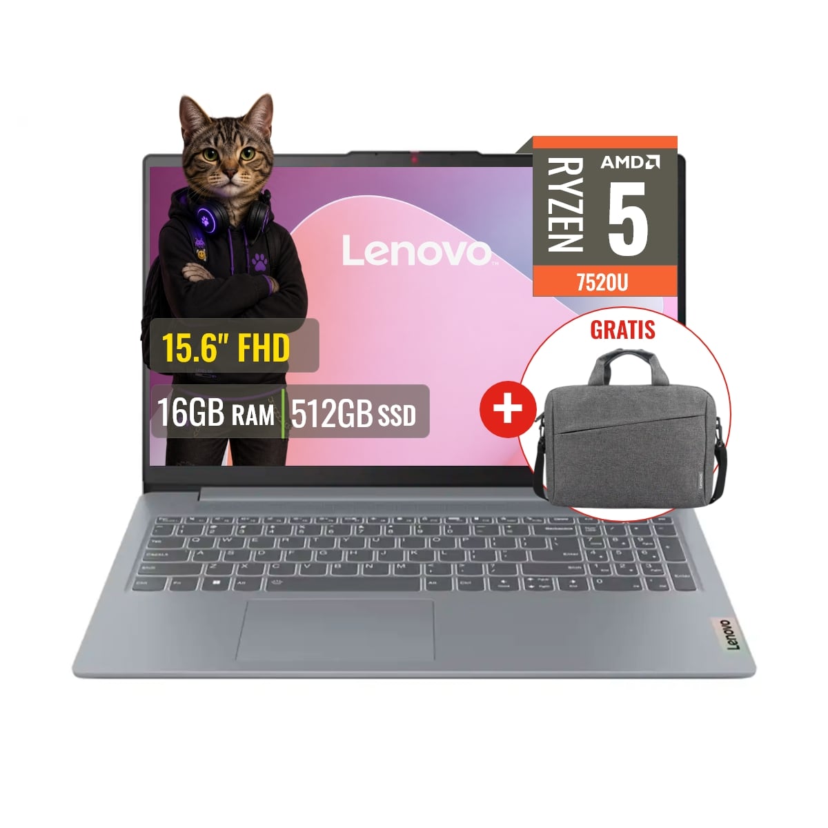 LAPTOP LENOVO IDEAPAD SLIM3 15AMN8 AMD RYZEN 5 7520U 16GB RAM 512GB SSD 15.6 FHD FREEDOS + MALETIN - 1
