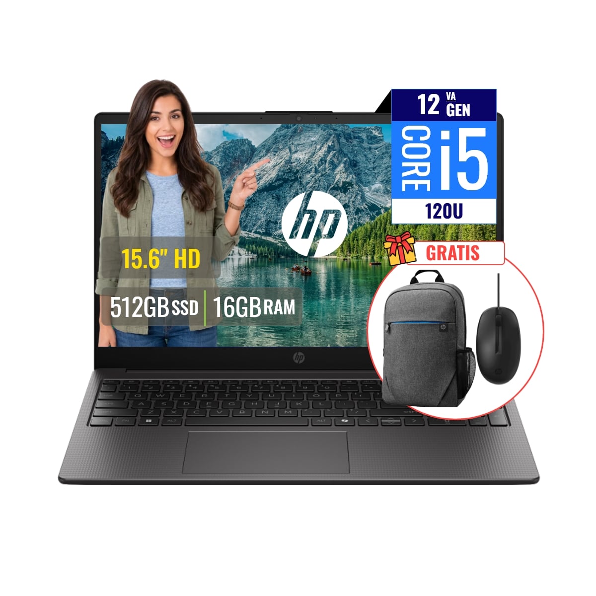 COMBO LAPTOP HP 250R G10 INTEL CORE 5 120U 16GB RAM 512 SSD M.2 15.6 HD FREEDOS + MOCHILA Y MOUSE - 1