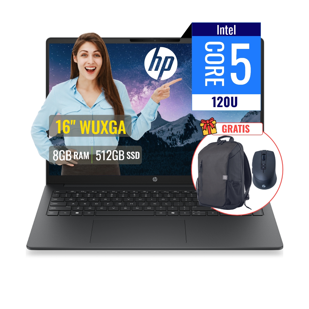 COMBO LAPTOP HP 200 G2I INTEL CORE 5 120U 8GB DDR5 512GB SSD 16 WUXGA FREEDOS + MOCHILA Y MOUSE - 1