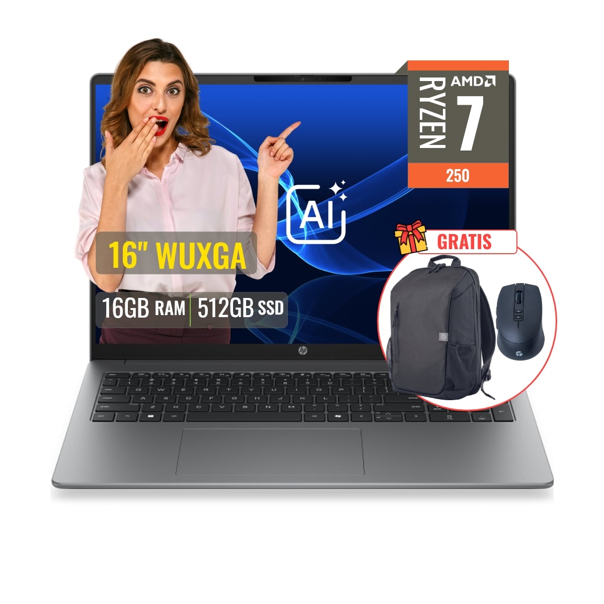COMBO LAPTOP HP 200 G2A AMD RYZEN 7 16GB DDR5 512GB SSD CON IA 16 WUXGA FREEDOS + MOCHILA Y MOUSE - 1