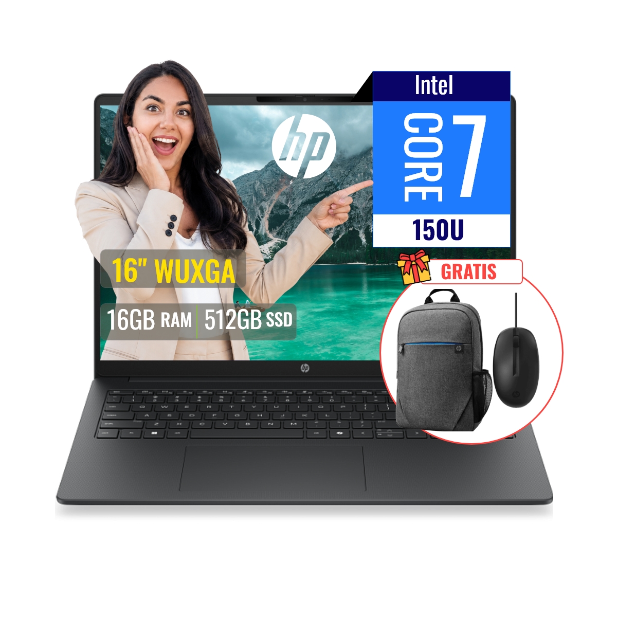 COMBO LAPTOP HP 200 G2I INTEL CORE 7 150U 16GB RAM DDR5 512GB 16 WUXGA FREEDOS + MOCHILA Y MOUSE - 1