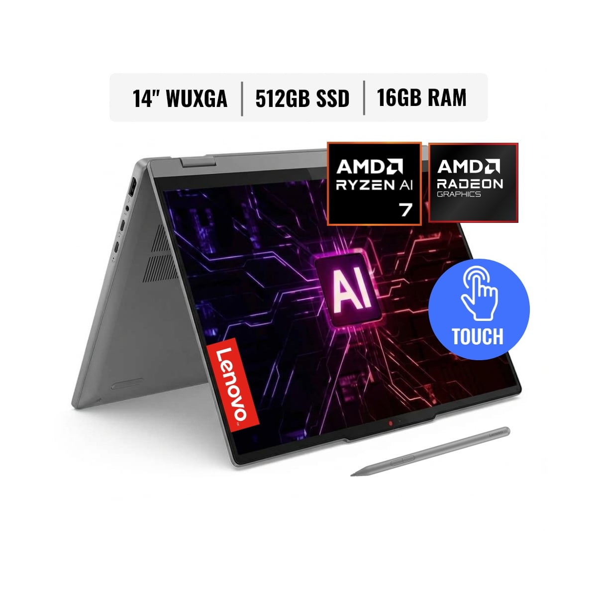 LAPTOP LENOVO IDEAPAD 5 2 EN 1 AMD RYZEN 7 250 CON IA 16GB DDR5 512GB LAPIZ 14 TACTIL FREEDOS - 1