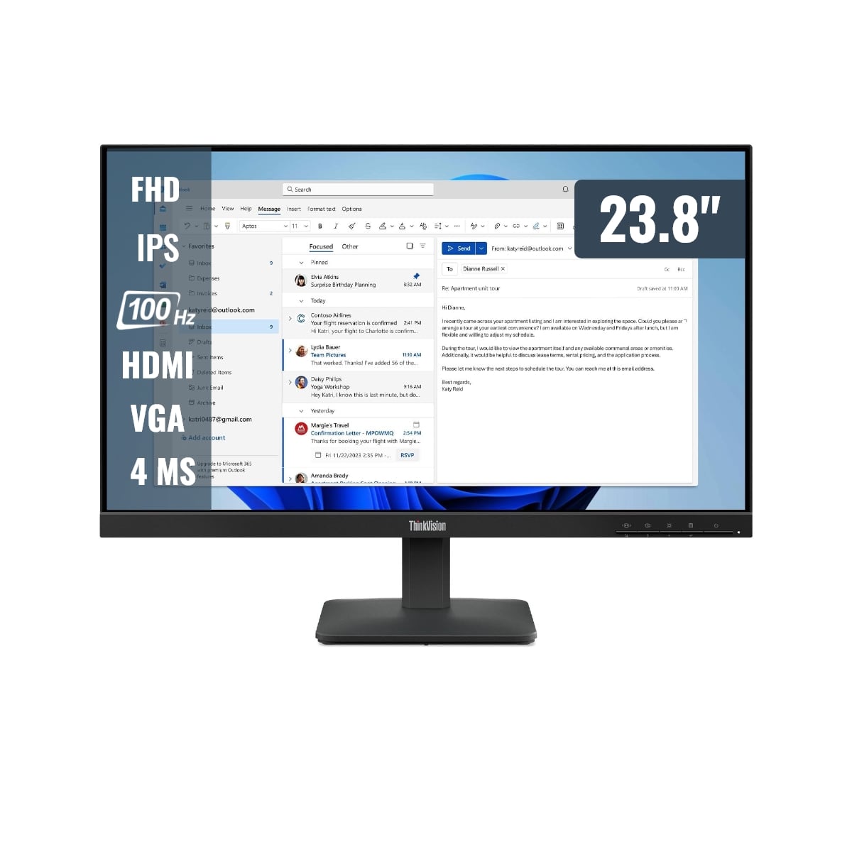 MONITOR LENOVO THINKVISION S24 4E 100HZ 4MS HDMI VGA 23.8 FHD IPS - 1