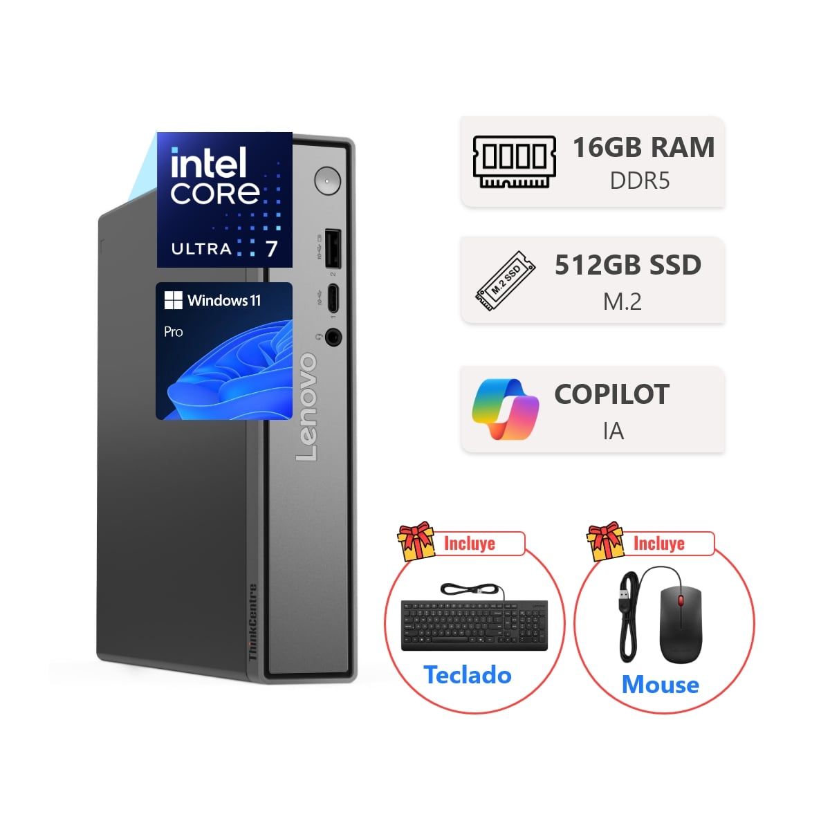 MINI PC LENOVO THINKCENTRE NEO 50Q INTEL CORE ULTRA 7 256V 16GB DDR5 512GB W11 PRO CON IA 47TOPS - 1