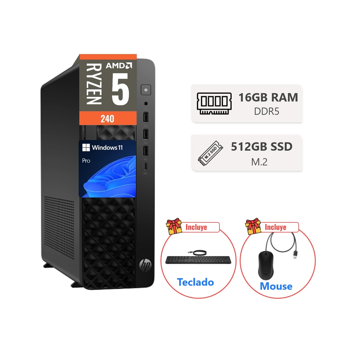 PC HP PRODESK 2 SFF G2A AMD RYZEN 5 240 RAM 16GB DDR5 SSD 512GB WINDOWS 11 PRO - 1