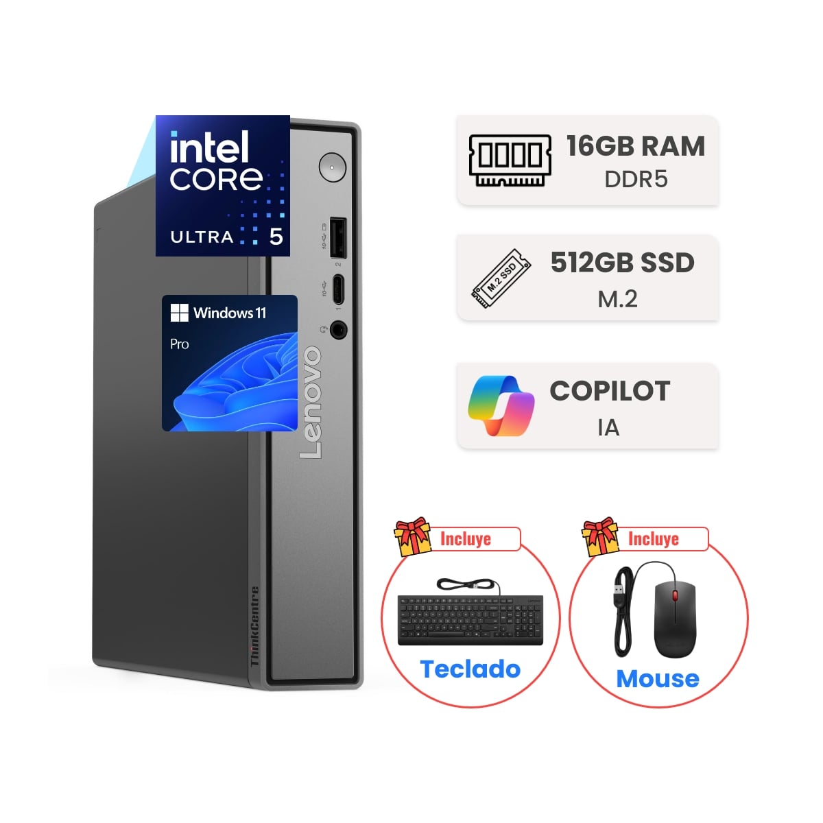 MINI PC LENOVO THINKCENTRE NEO 50Q INTEL CORE ULTRA 5 226V 16GB DDR5 512GB W11 PRO CON IA 40TOPS - 1