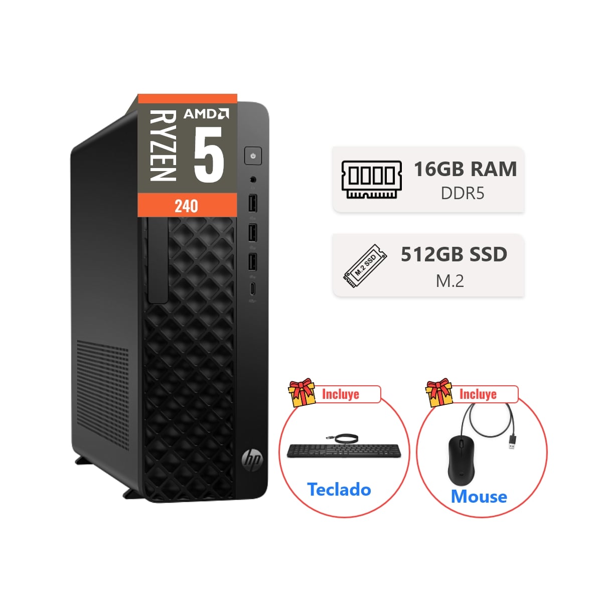 PC HP PRODESK 2 SFF G2A AMD RYZEN 5 240 RAM 16GB DDR5 SSD 512GB FREEDOS - 1