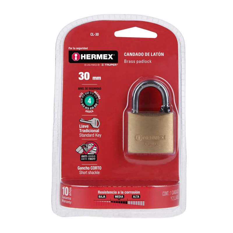 CANDADO DE LATON 30 MM GANCHO CORTO EN BLISTER HERMEX - 5