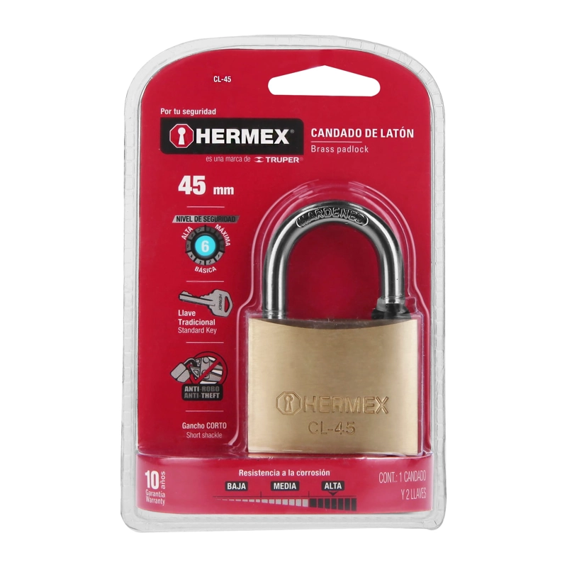 CANDADO HERMEX DE LATON 45 MM GANCHO CORTO EN BLISTER - 5