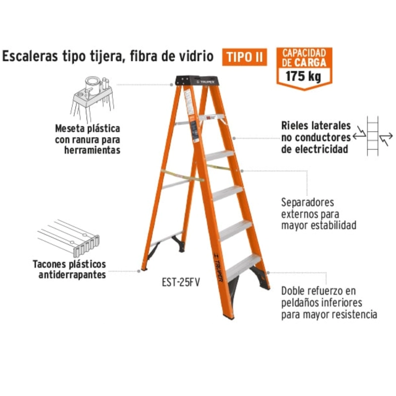 ESCALERA TRUPER TIJERA FIBRA VIDRIO CAPACIDAD CARGA 175 KG 100227 7 PELDAÑOS - 2