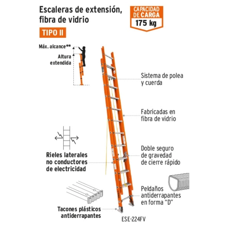 ESCALERA TRUPER TELESCOPICA FIBRA VIDRIO CAPACIDAD CARGA 175 KG 100229 28 PELDAÑOS - 2