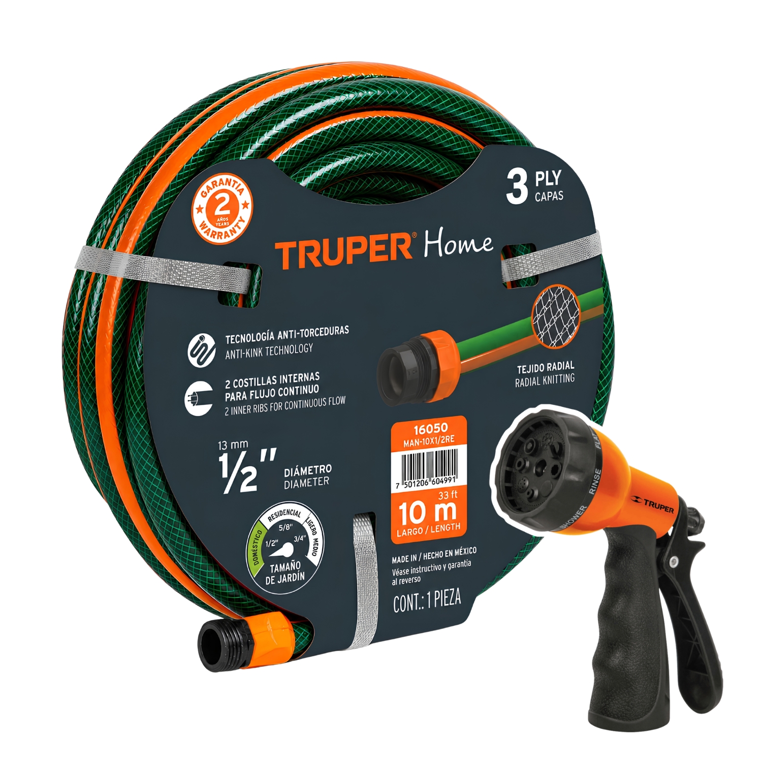 MANGUERA DE RIEGO TRUPER 16050-18482 10M + PISTOLA DE RIEGO 8 FUNCIONES - 1