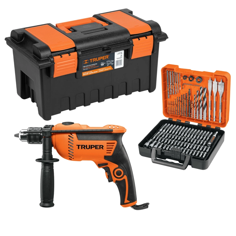 COMBO TRUPER TALADRO 600W + JUEGO BROCAS 100 PZAS + CAJA HERRAMIENTAS - 1