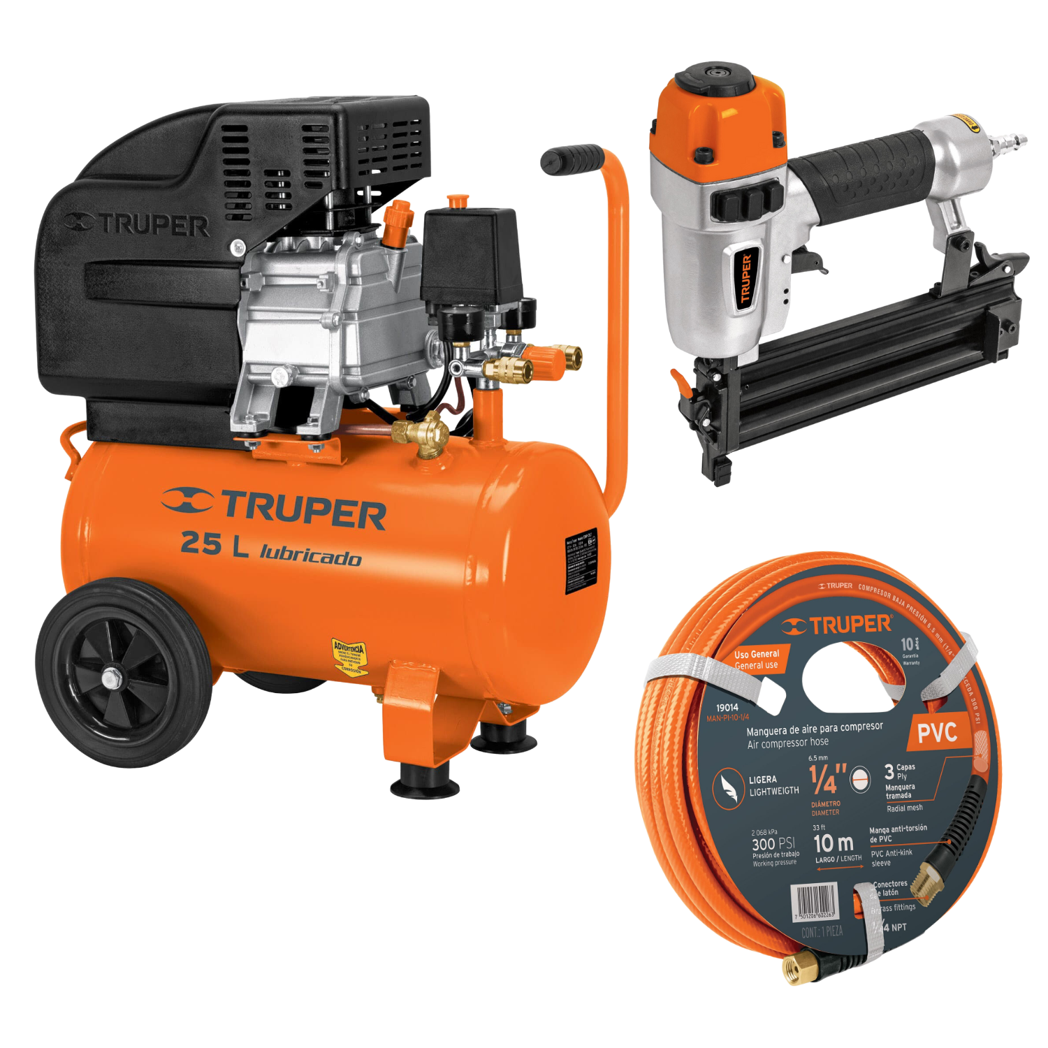 KIT COMPRESORA 25 L MANGUERA 10M CON CLAVADORA NEHUMATICA CALIBRE 18 TRUPER - 1