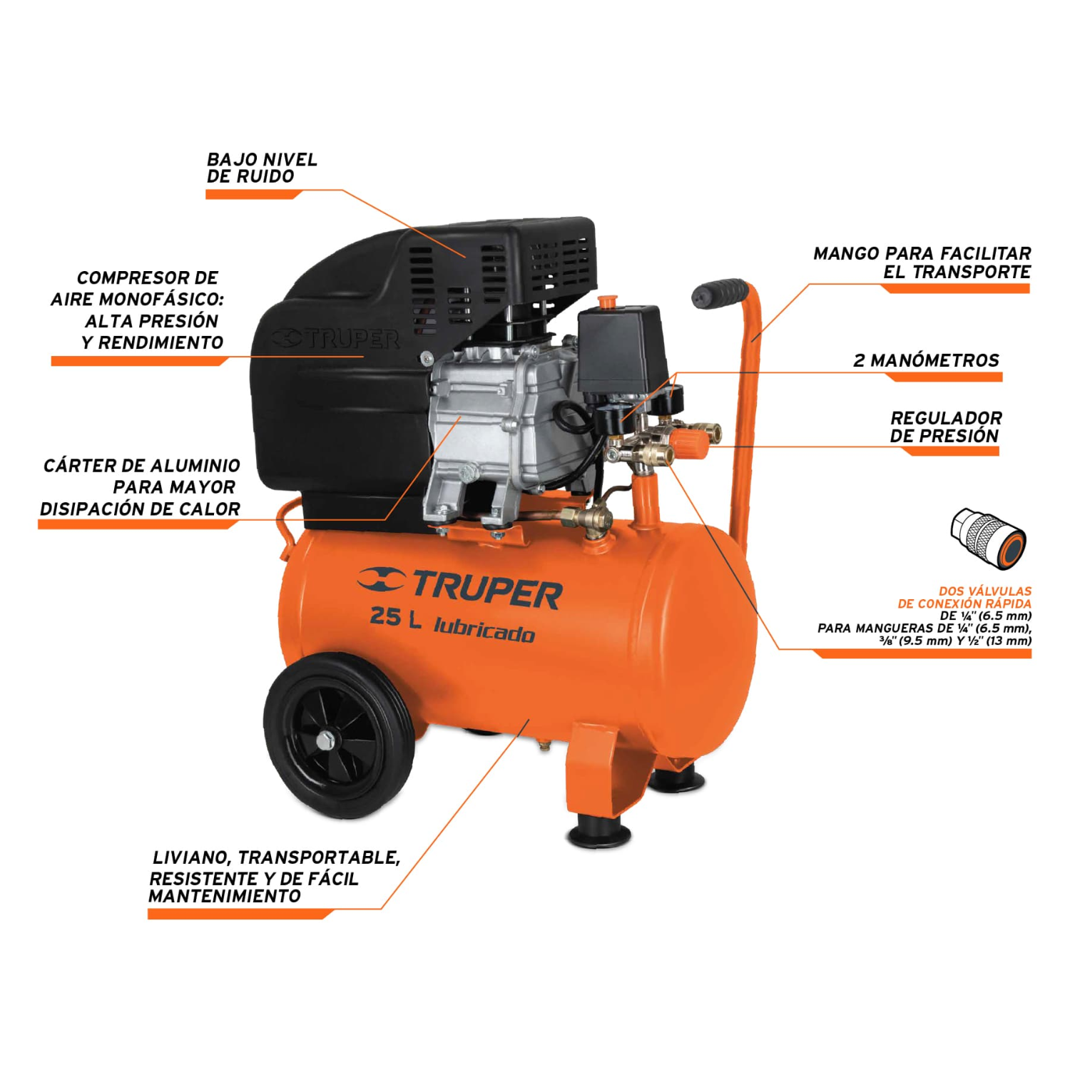 KIT COMPRESORA 25 L MANGUERA 10M CON CLAVADORA NEHUMATICA CALIBRE 18 TRUPER - 4