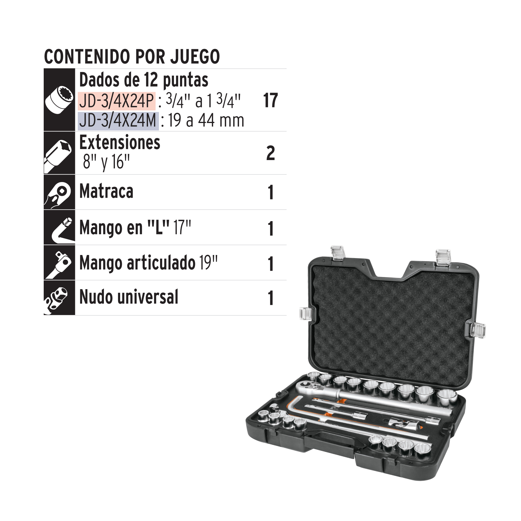 JUEGO DE 23 HERRAMIENTAS ENCASTRE 3/4' STD PARA MECANICO TRUPER - 4