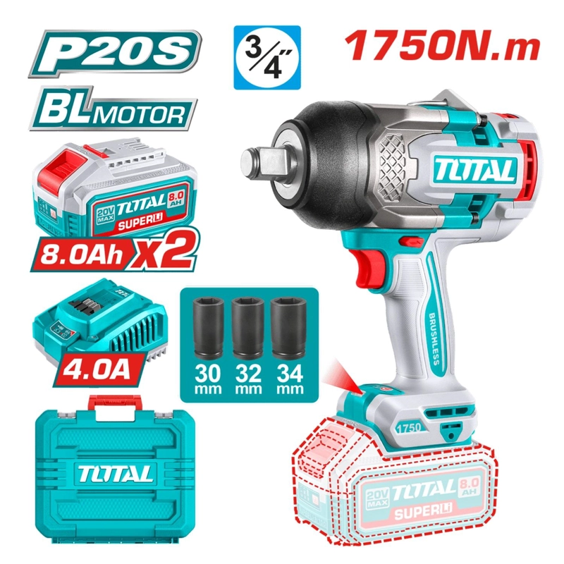 LLAVE DE IMPACTO 1750NM + 2 BATERÍAS 8AH Y CARGADOR INDUSTRIAL TOTAL - 2